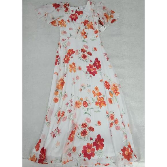 Calvin Klein floral Flutter sleeve Maxi dress white floral Sz 2 Feminine modest - Picture 5 of 12